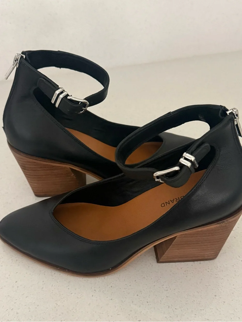 Lucky Brand Black Pointed Ankle-Strap Heels. Genuine Leather